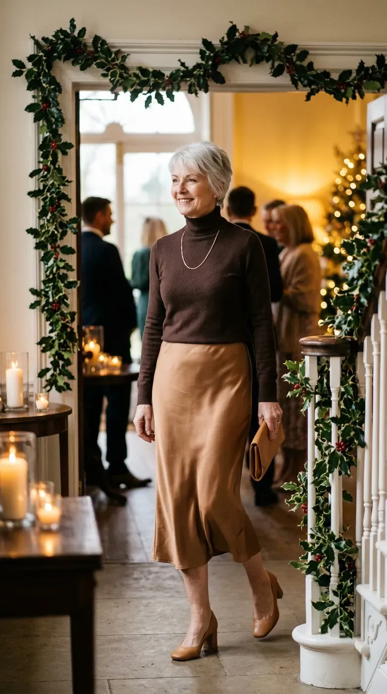 Woman over 50 in camel satin midi skirt, chocolate turtleneck and brown heels at a winter wedding