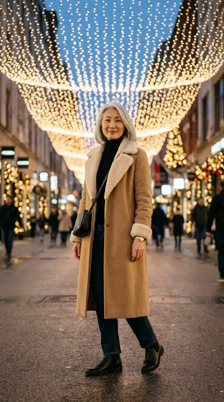 Woman over 50 in camel shearling coat, black knit and flat Chelsea boots at a Christmas lights display