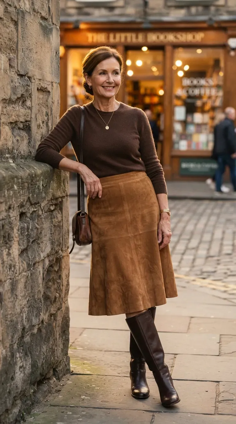 Petite woman over 50 in camel suede A-line skirt and chocolate knit on a golden-hour street