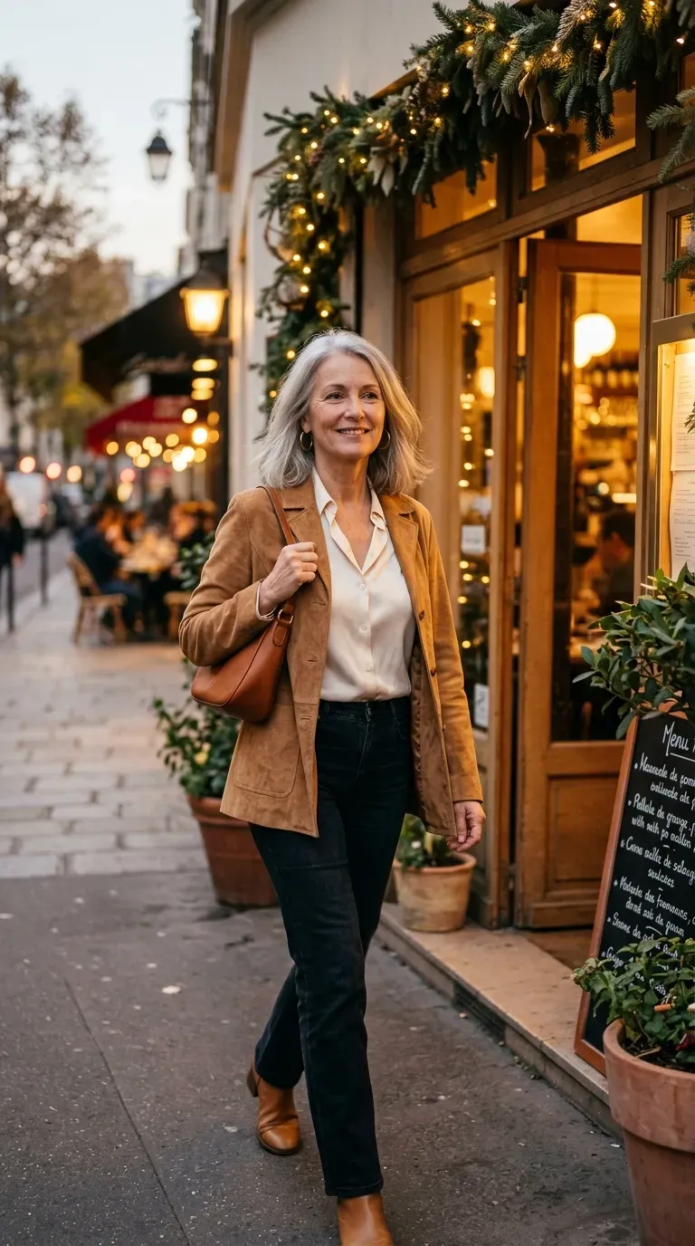 Woman over 50 in camel suede jacket, cream blouse and dark jeans at a date dinner