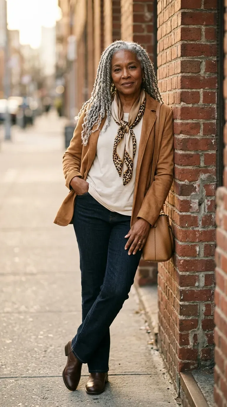 Woman in camel suede jacket, cream tee and dark jeans leaning against a brick wall