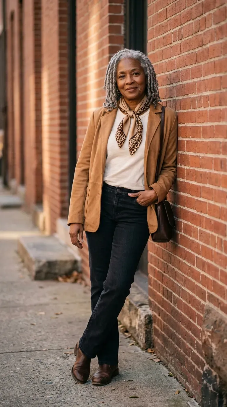 Woman in camel suede jacket, cream tee and jeans standing against a brick wall