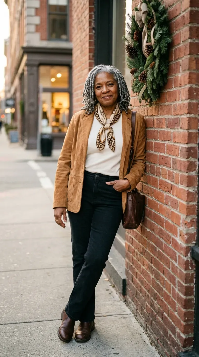 Black woman in a camel suede jacket, ivory tee and jeans leaning against a brick wall