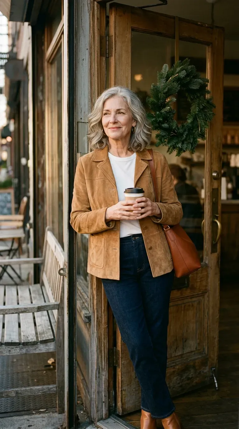 Woman over 50 in camel suede jacket, white tee and dark jeans in a cafe doorway