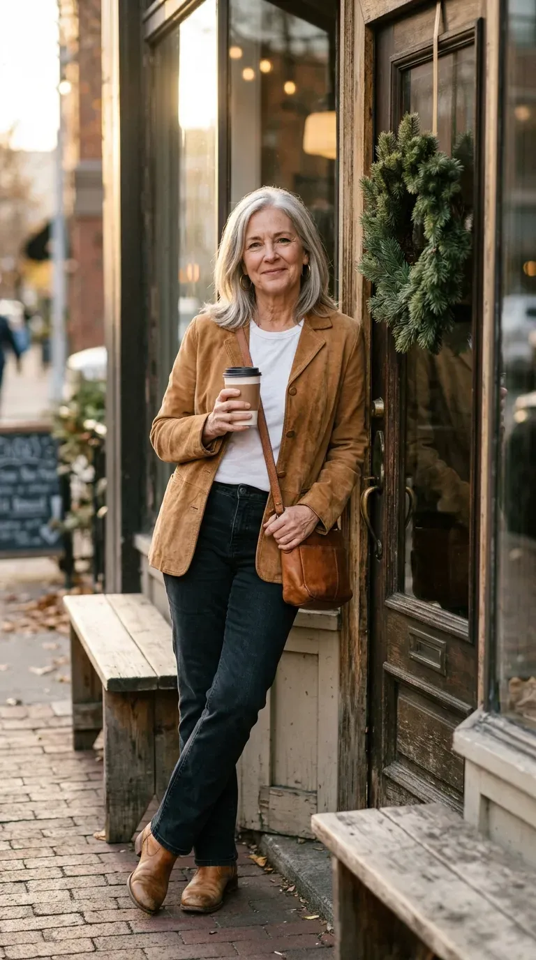 Woman over 50 in camel suede jacket, white tee and dark jeans in a cafe doorway