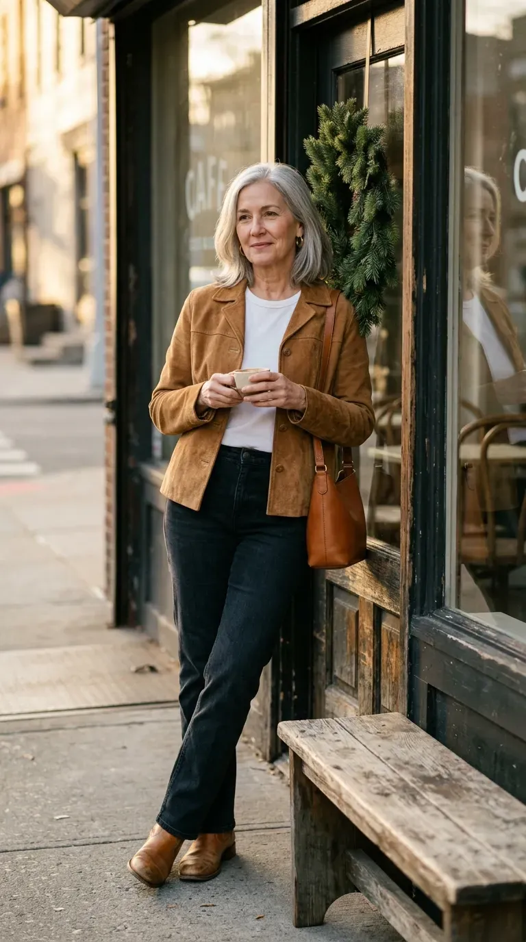 Woman over 50 in camel suede jacket, white tee and dark jeans leaning in a cafe doorway