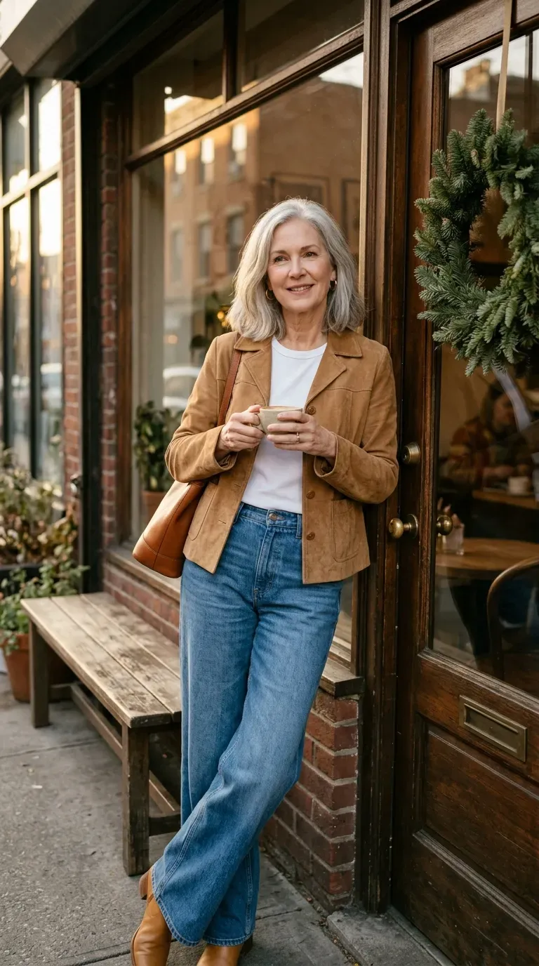 Woman over 50 in camel suede jacket, white tee and wide-leg jeans outside a cafe
