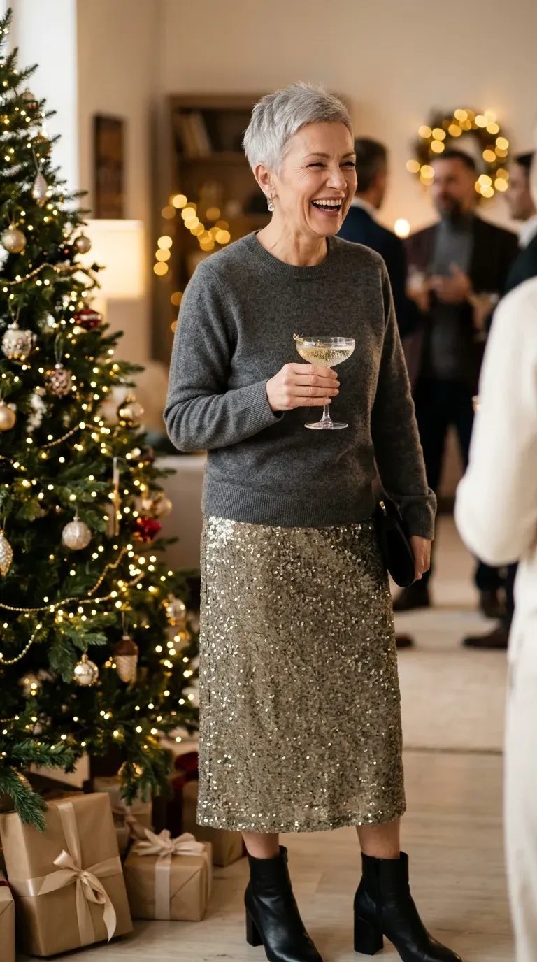 Woman over 50 in camel suede jacket, white tee and wide-leg jeans outside a cafe