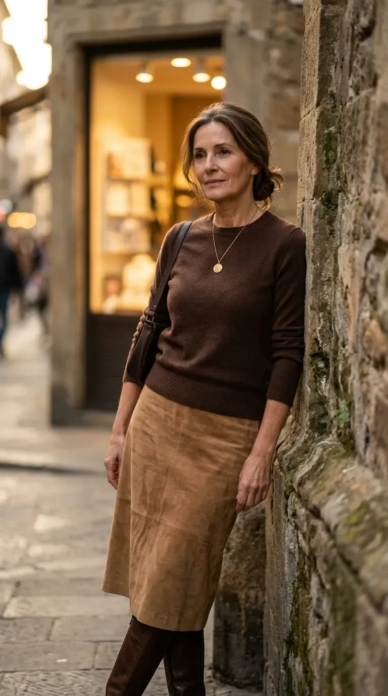 Woman over 50 in camel suede midi skirt and chocolate knit sweater on an autumn-toned street