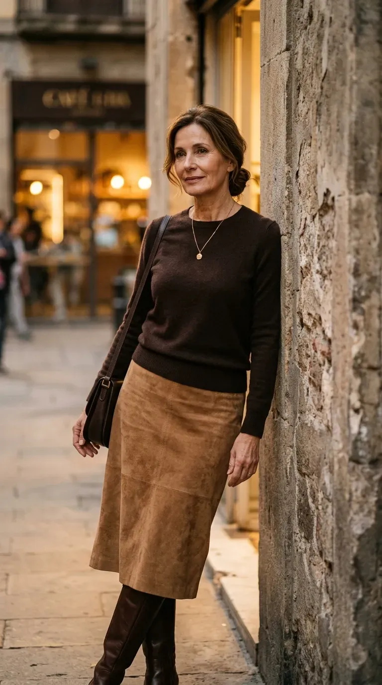 Woman over 50 in camel suede midi skirt and chocolate knit sweater on an autumn-toned street