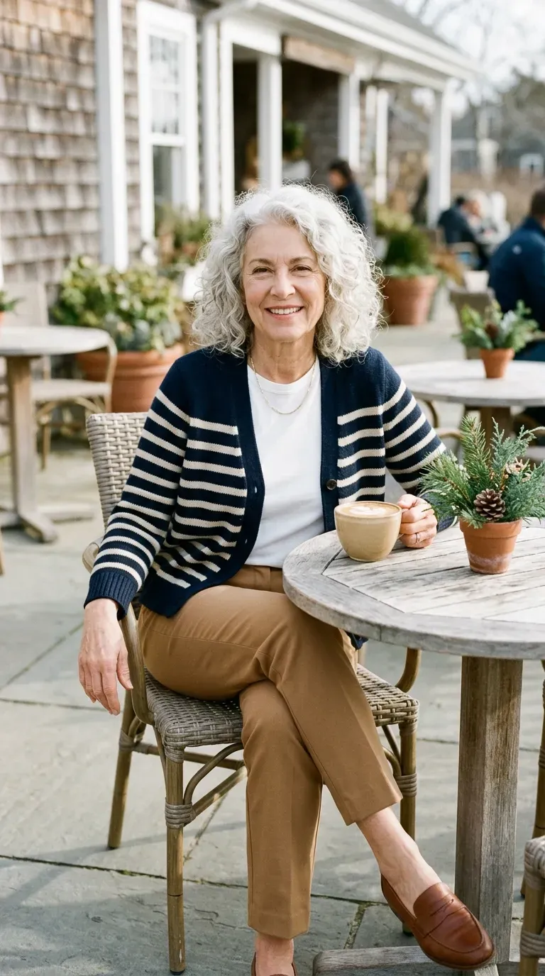 Woman over 50 in camel trousers and navy striped cardigan at a sunny holiday lunch