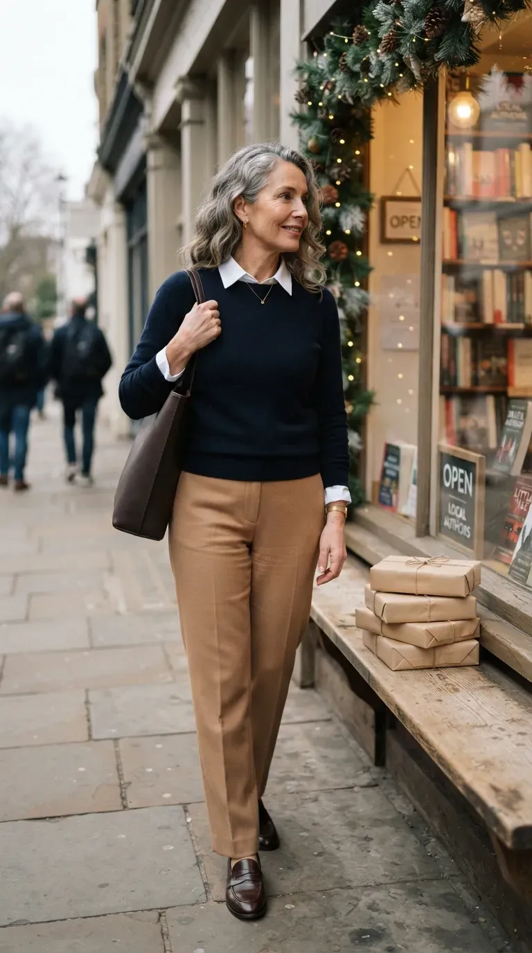 Woman over 50 in camel trousers and navy sweater near a bookstore window