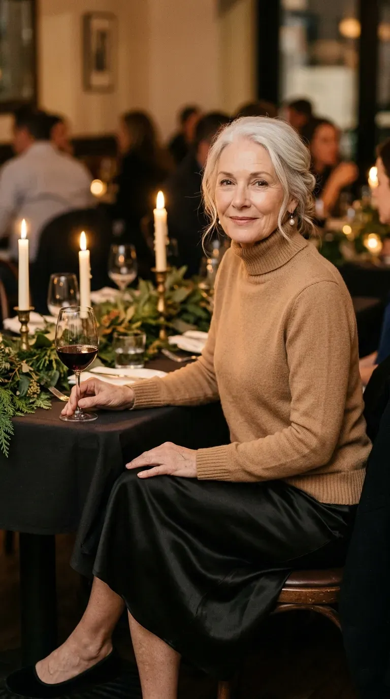 Woman over 50 in camel turtleneck, black midi skirt and velvet flats at a date dinner