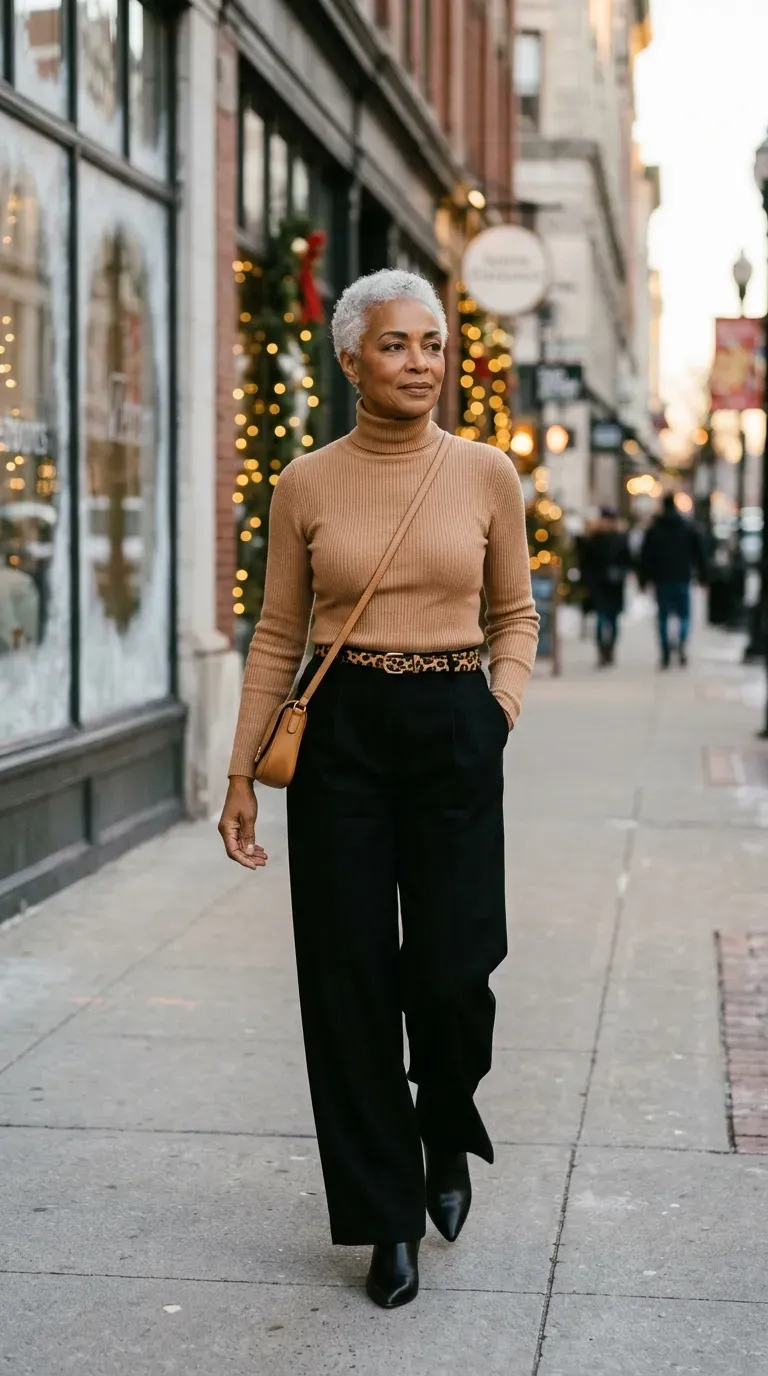 Woman over 50 wearing camel turtleneck and black trousers with a leopard belt on a winter street