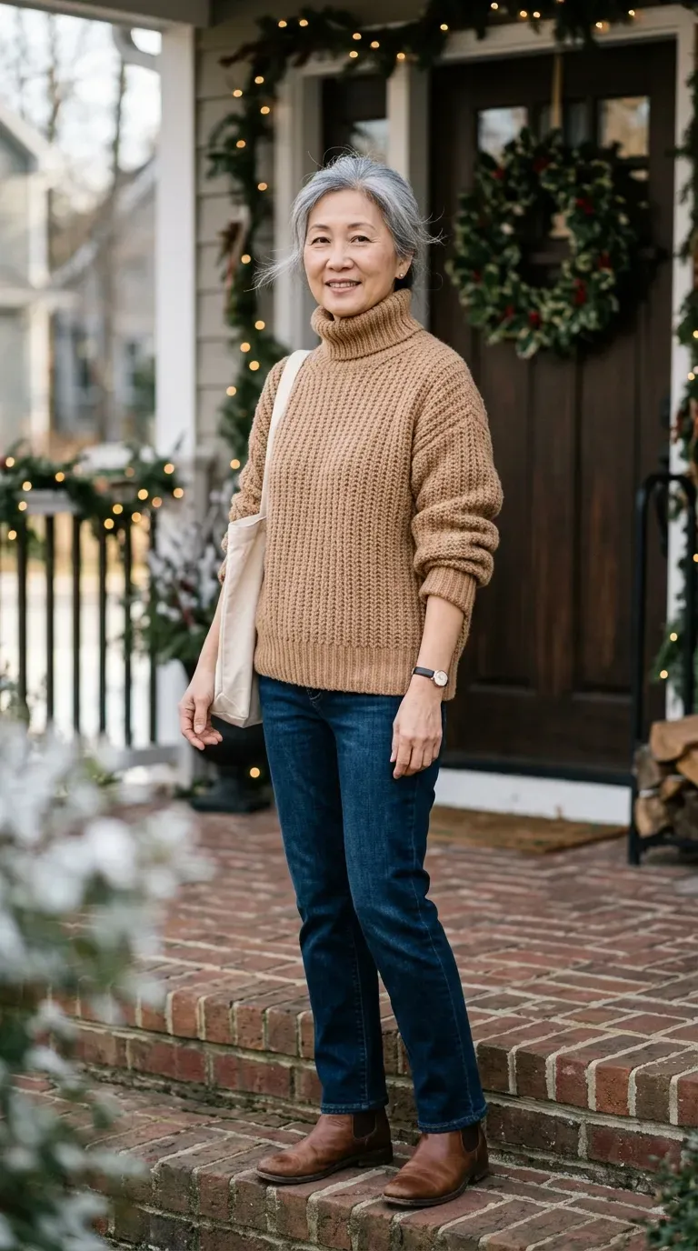 Woman over 50 in camel turtleneck, dark jeans and brown boots for a Christmas family photo