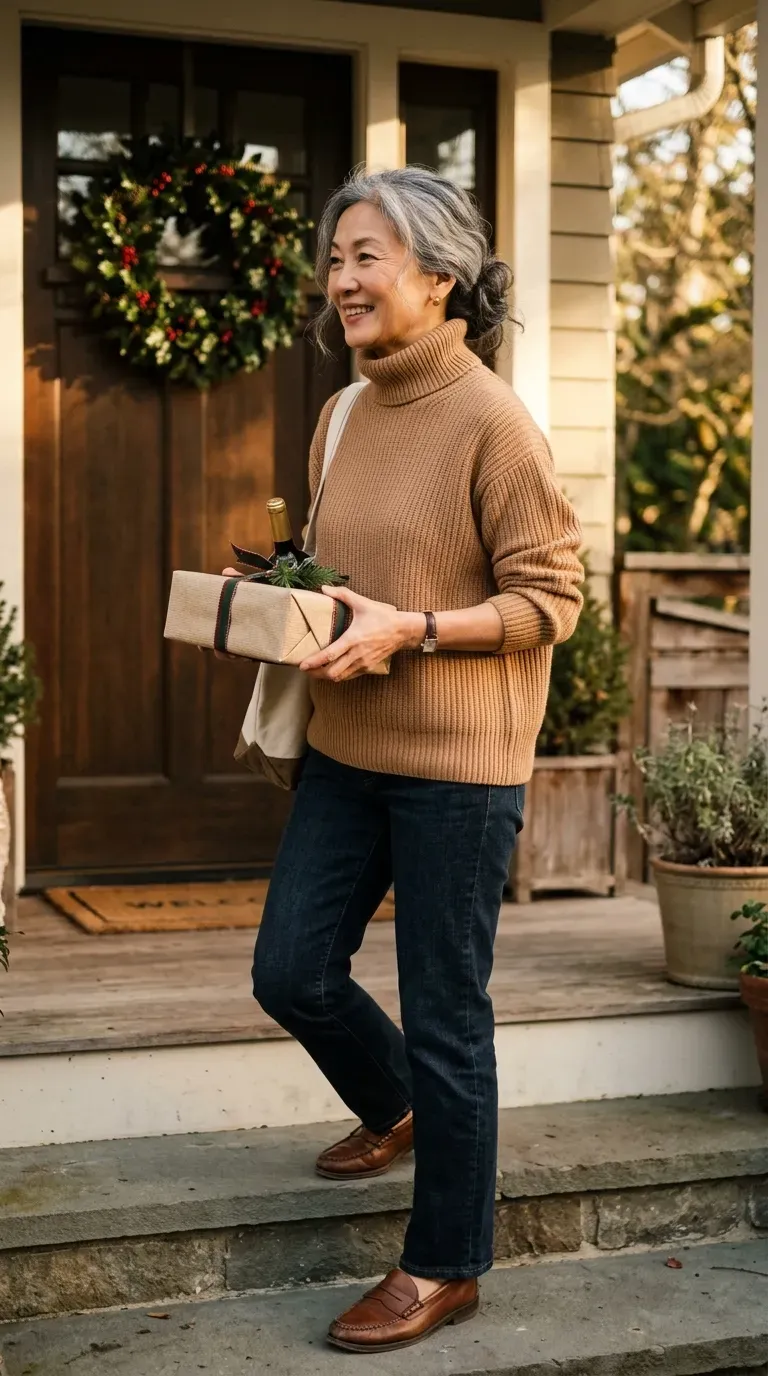 Woman over 50 in camel turtleneck, dark jeans and brown loafers meeting his family at Christmas