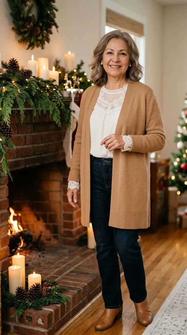 Woman over 50 in camel turtleneck, houndstooth trousers and loafers for a Christmas card