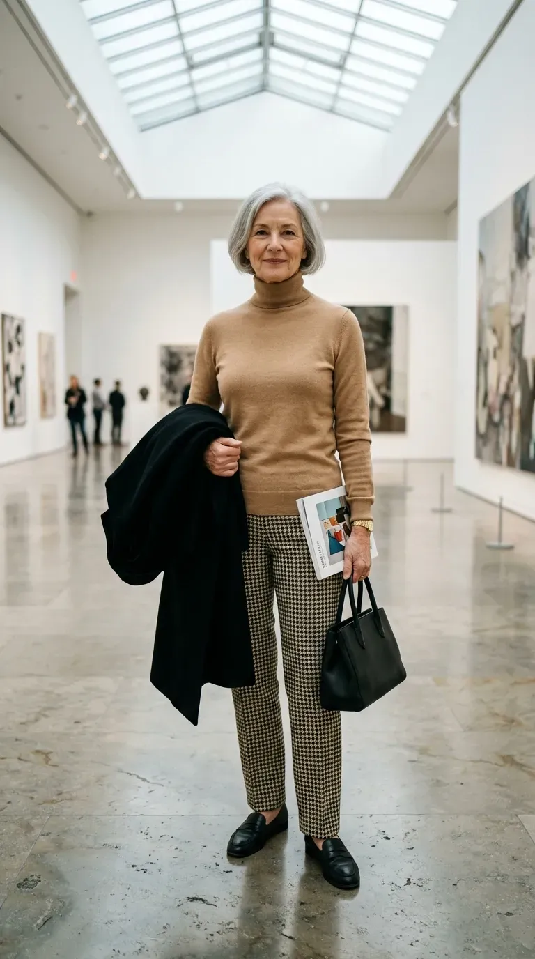 Woman over 50 in camel turtleneck and houndstooth trousers at an art gallery