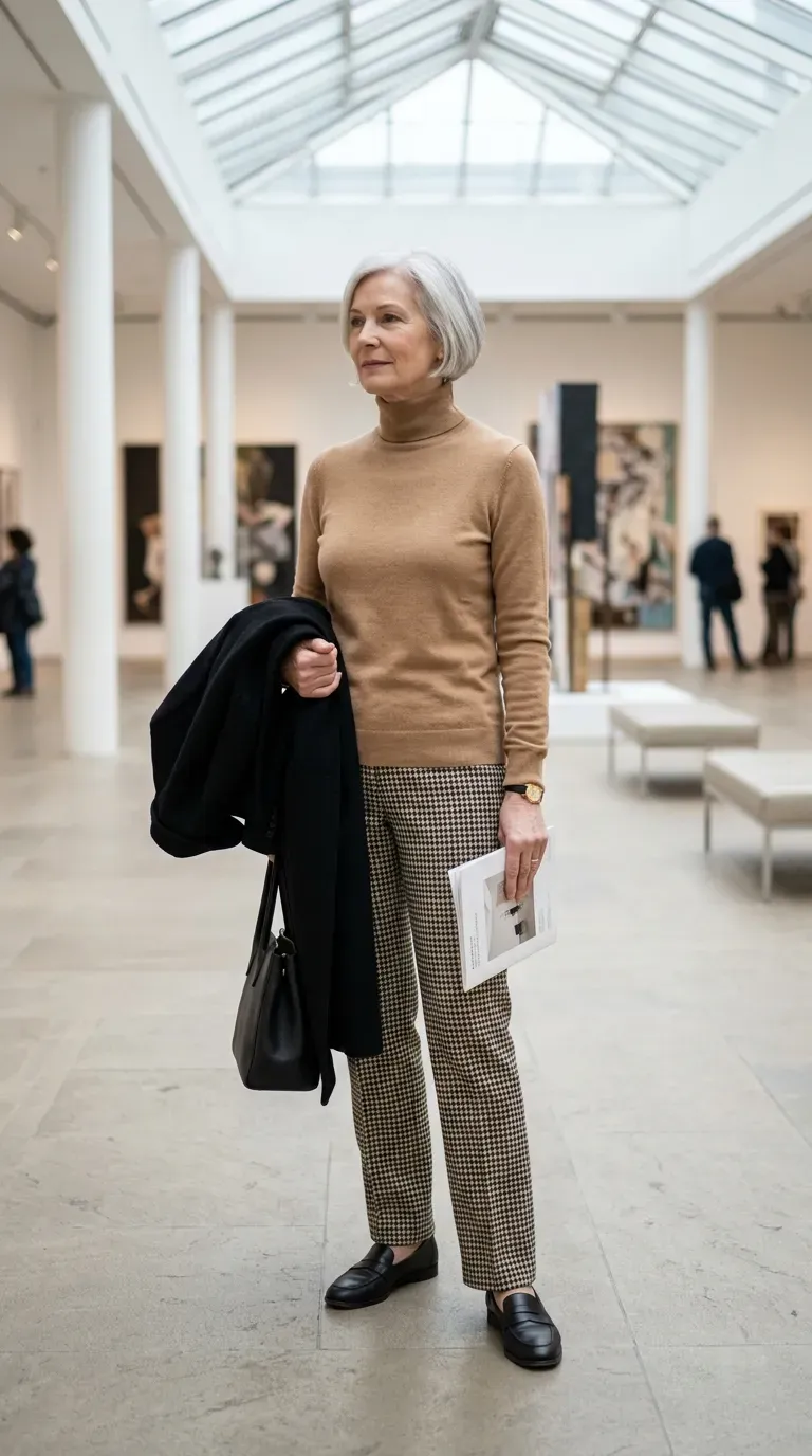 Woman over 50 in camel turtleneck and black-and-cream houndstooth trousers at a gallery