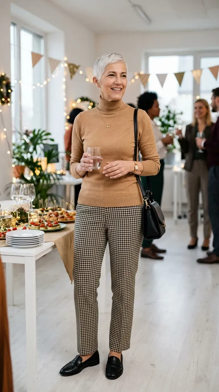 Woman over 50 in camel turtleneck and houndstooth trousers at an office celebration