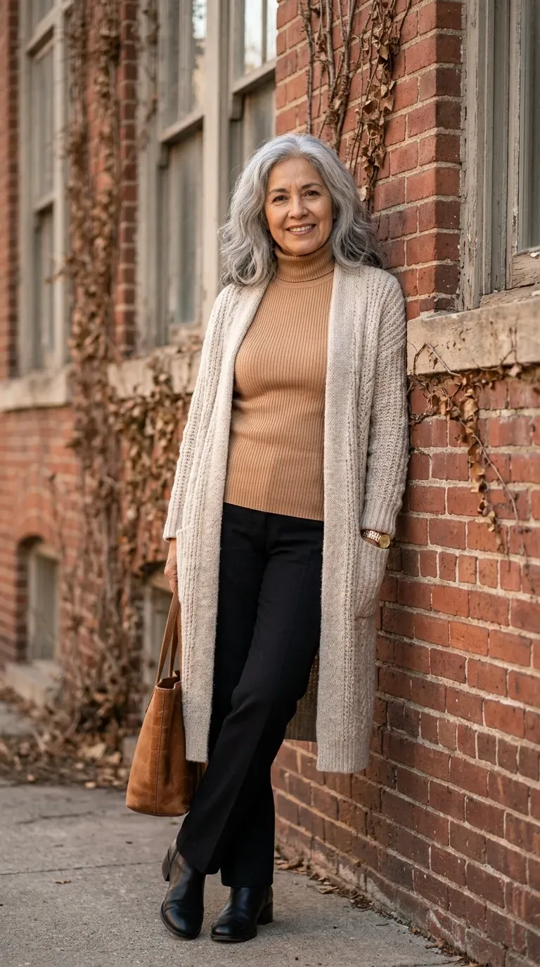 Woman in camel turtleneck, oatmeal cardigan and black wool trousers against a brick wall