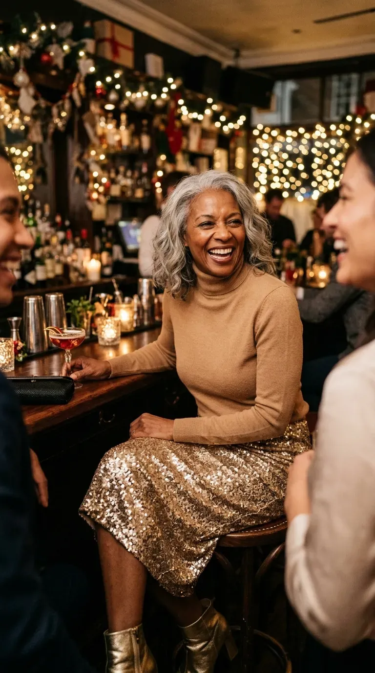Woman over 50 in camel turtleneck, sequin midi skirt and gold boots on a girls night out