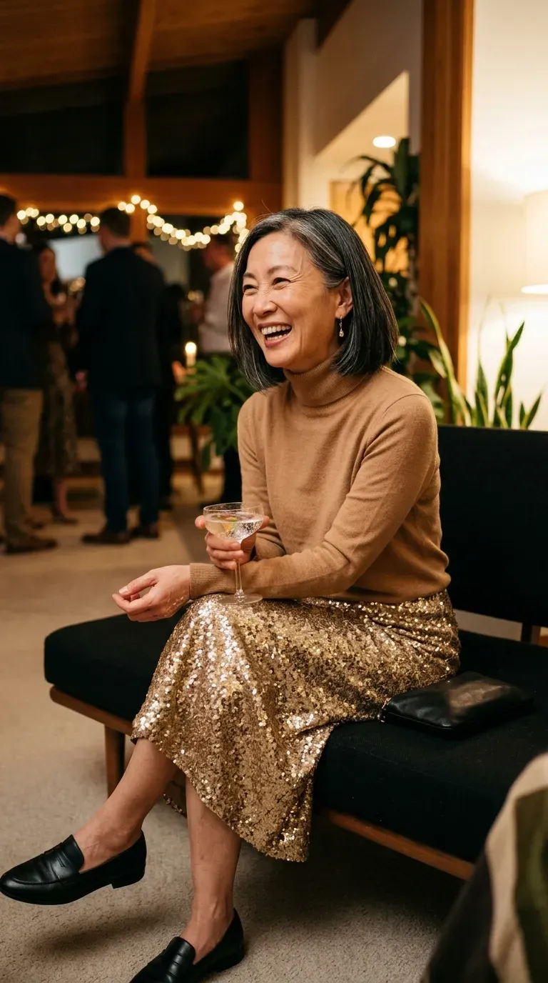 Woman over 50 in camel turtleneck, sequin midi skirt and loafers at a party