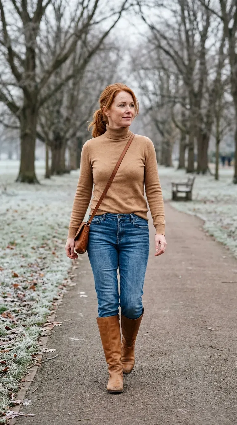 Woman over 40 in camel turtleneck and straight jeans with tan knee-high boots on a winter path