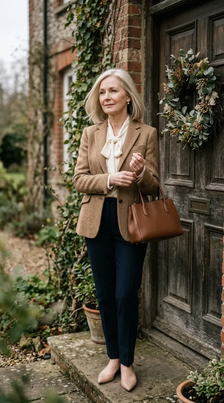 Woman over 50 in camel tweed blazer, cream blouse and navy trousers in an elegant holiday setting