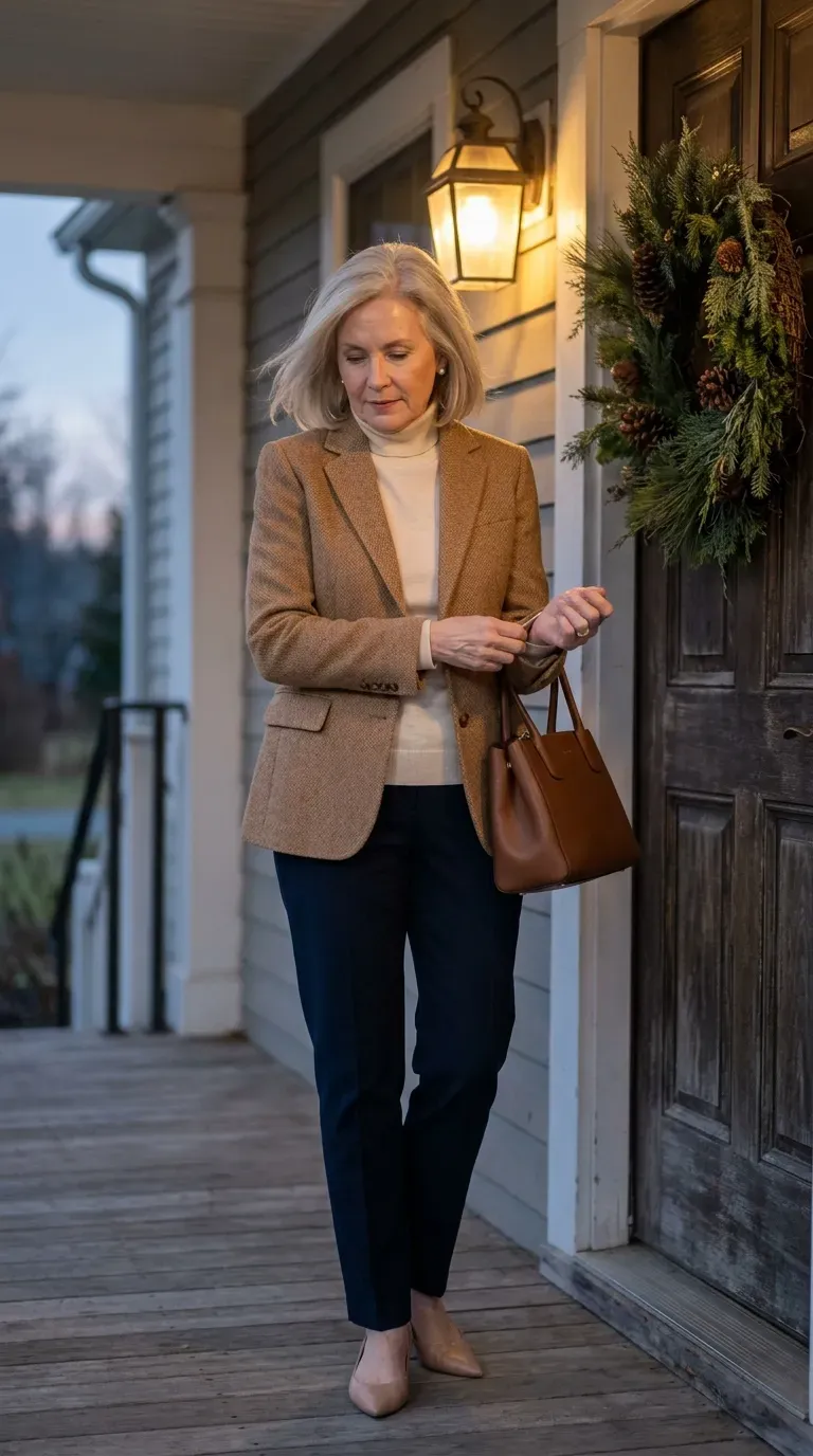 Woman over 50 in camel tweed blazer, cream turtleneck and navy trousers by a wreath door