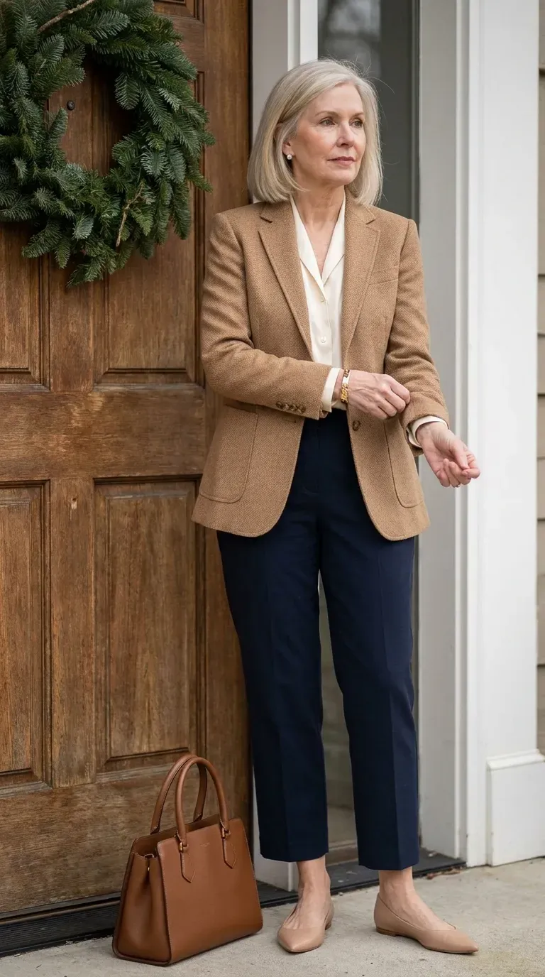Woman over 50 in camel tweed blazer and navy cropped trousers beside a wreath door