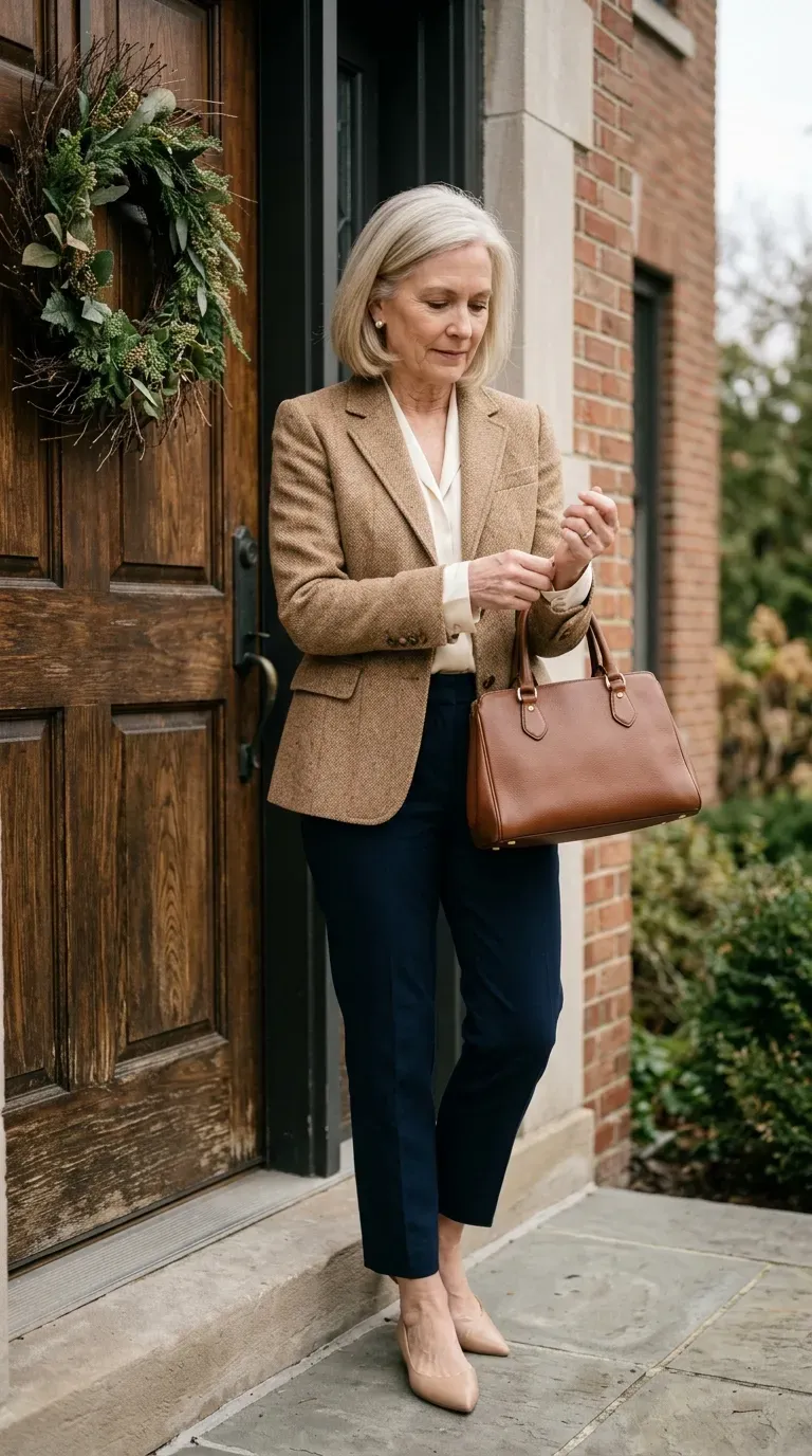 Woman over 50 in camel tweed blazer and navy cropped trousers beside a wreath door