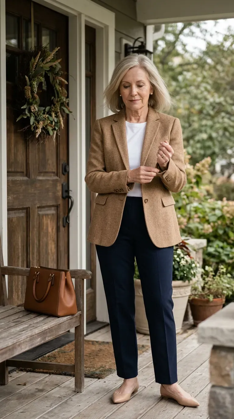 Woman over 50 in camel tweed blazer, white tee and navy trousers by a wreath door