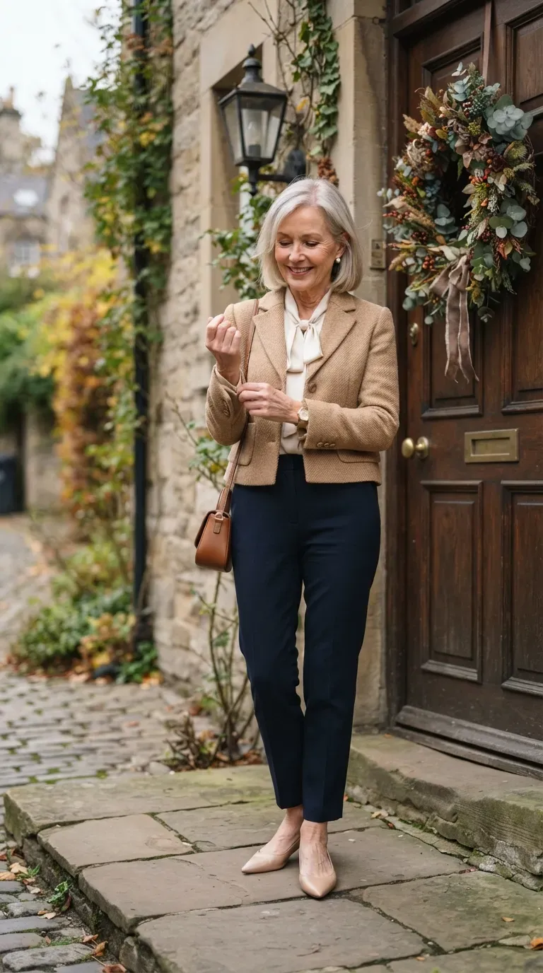 Petite woman over 50 in camel tweed jacket, cream blouse and navy ankle trousers by a wreath door