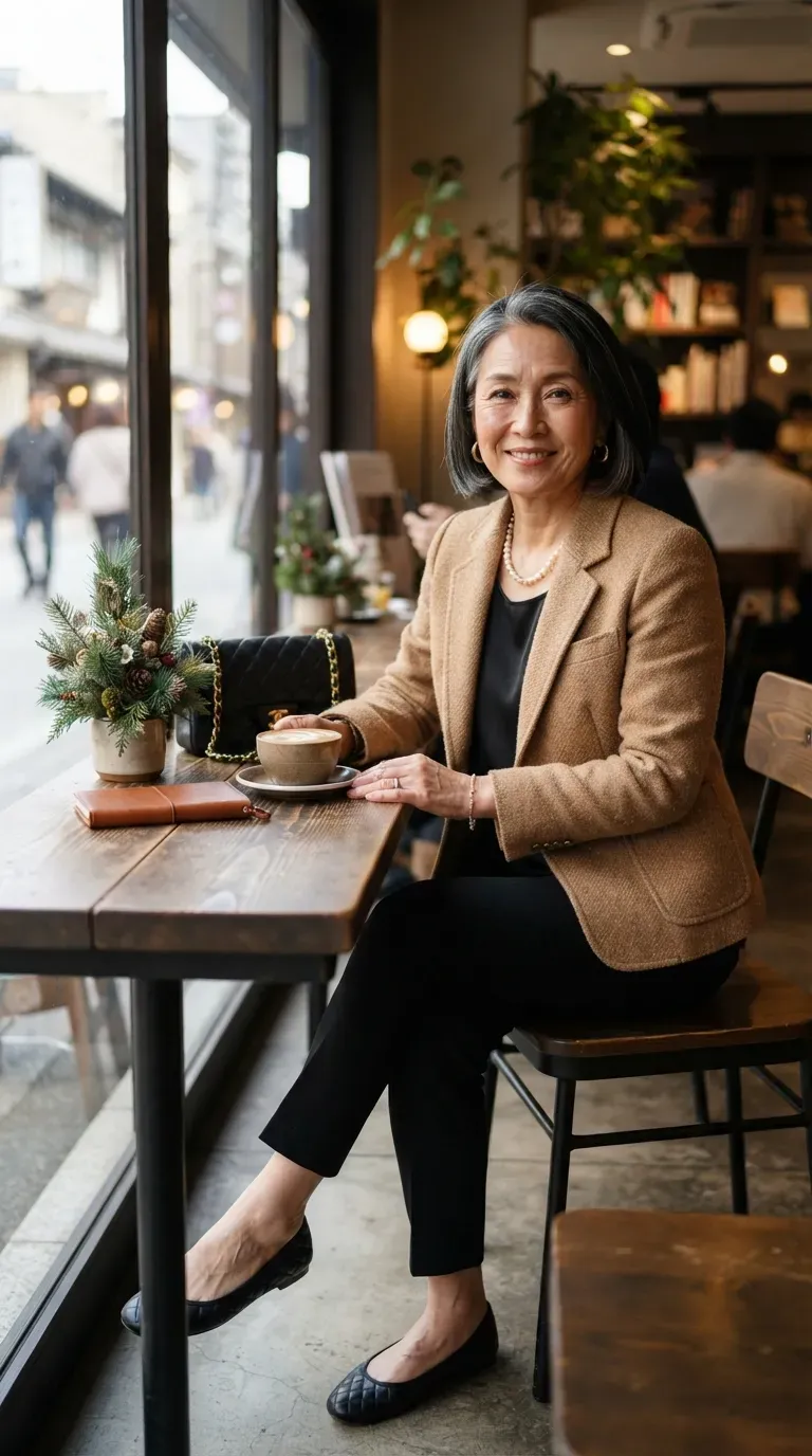 Asian plus-size woman in a camel tweed jacket and black trousers at a holiday brunch table