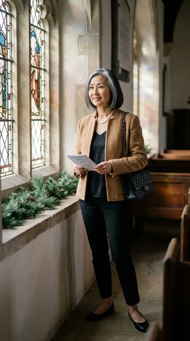 Asian woman in camel tweed jacket and black slim trousers beside a church window