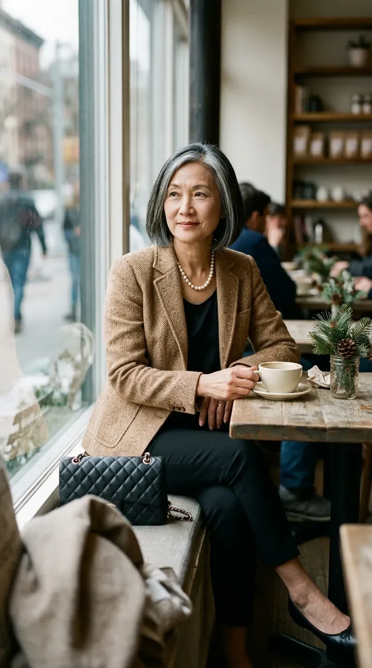 Woman in camel tweed jacket, black slim trousers and pearl necklace at a holiday brunch
