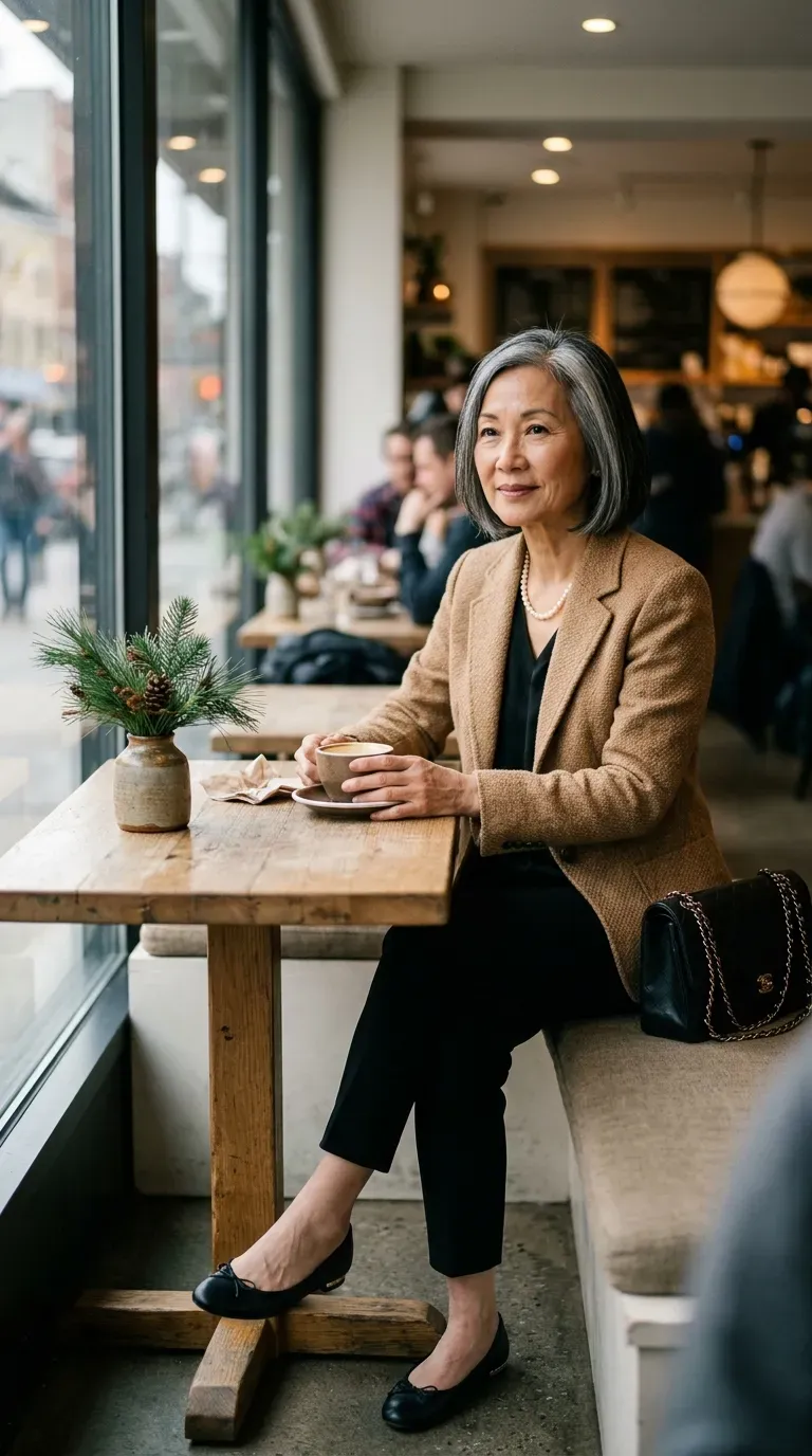 Woman in camel tweed jacket, black slim trousers and pearl necklace at a holiday brunch