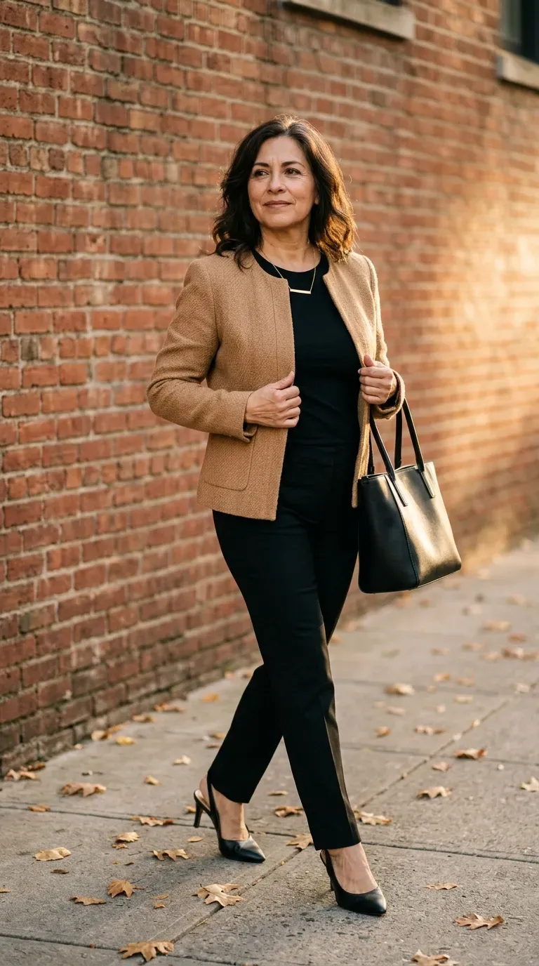Woman over 50 in camel tweed jacket, black tee and black trousers at a holiday luncheon