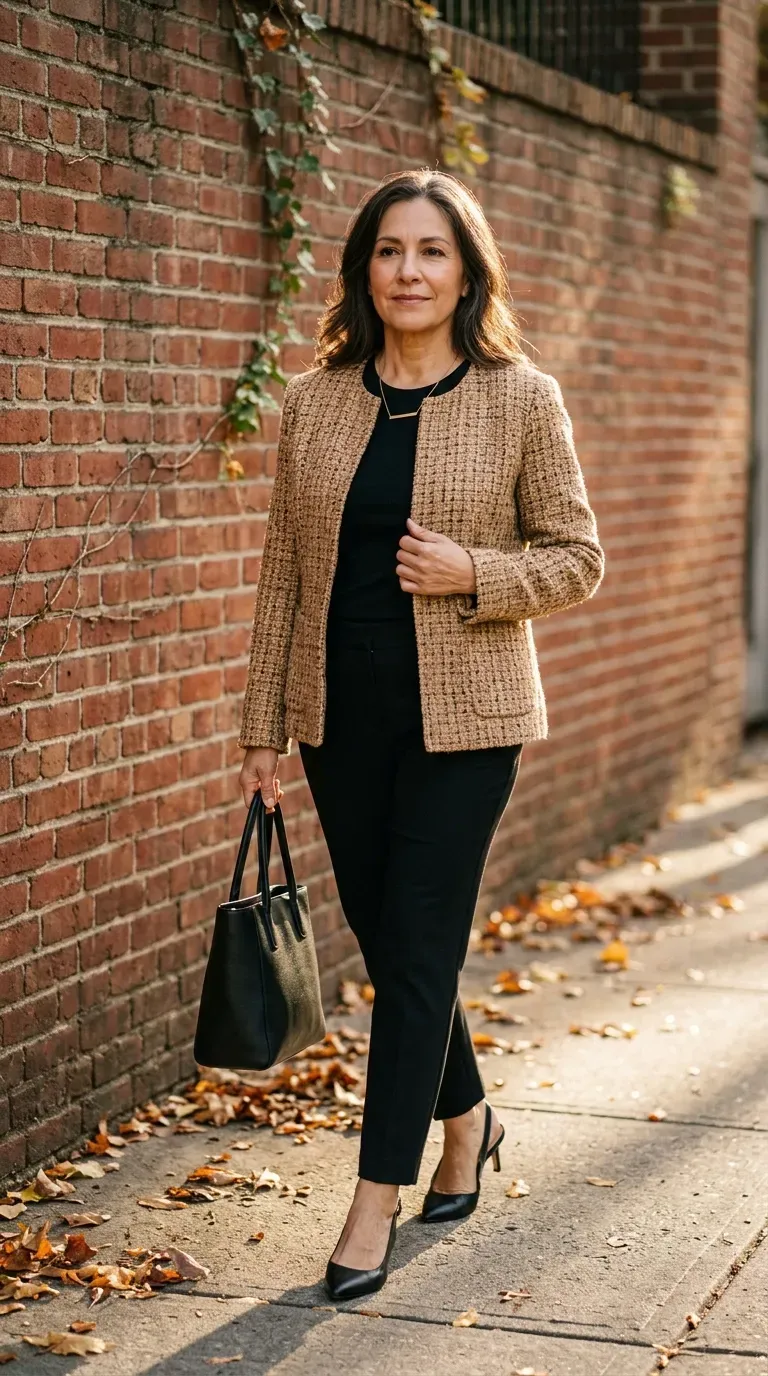 Woman over 50 in camel tweed jacket, black tee and black trousers by a brick wall