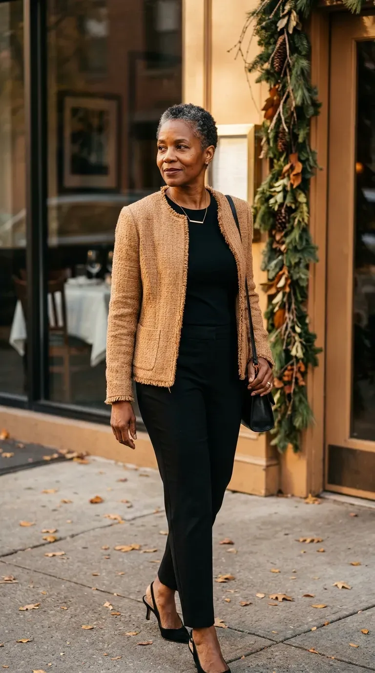 Woman over 50 in camel tweed jacket, black tee and black trousers by a restaurant window