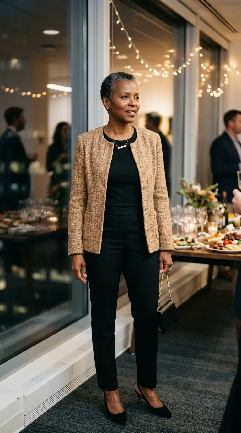 Woman over 50 in camel tweed jacket, black tee and black trousers at a work party