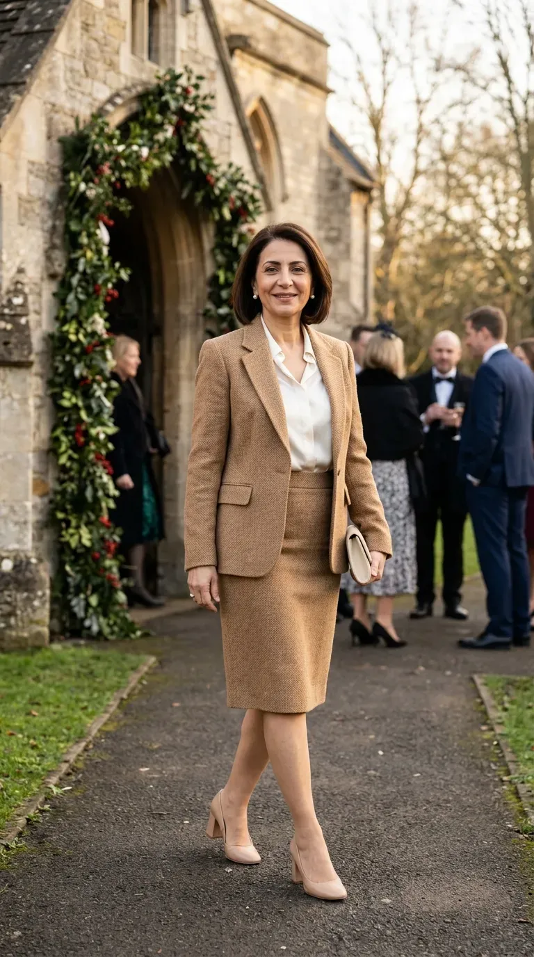 Woman over 50 in camel tweed suit and ivory silk blouse at a winter wedding