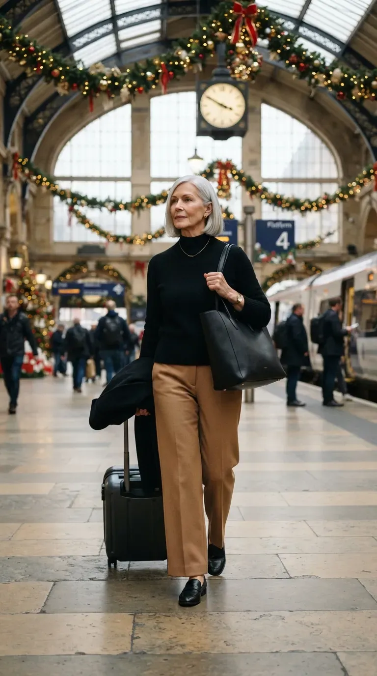 Woman over 50 in camel wide-leg trousers and a black mock-neck sweater at a train station with holiday decor