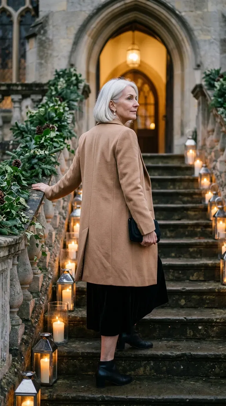 Woman over 50 in camel wool coat and black velvet midi dress outside a candlelit church