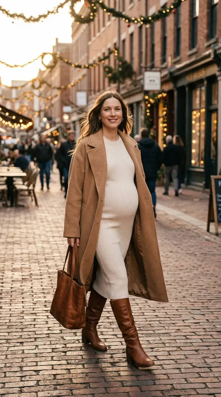 Pregnant woman in open camel wool coat and cream knit dress on a festive street