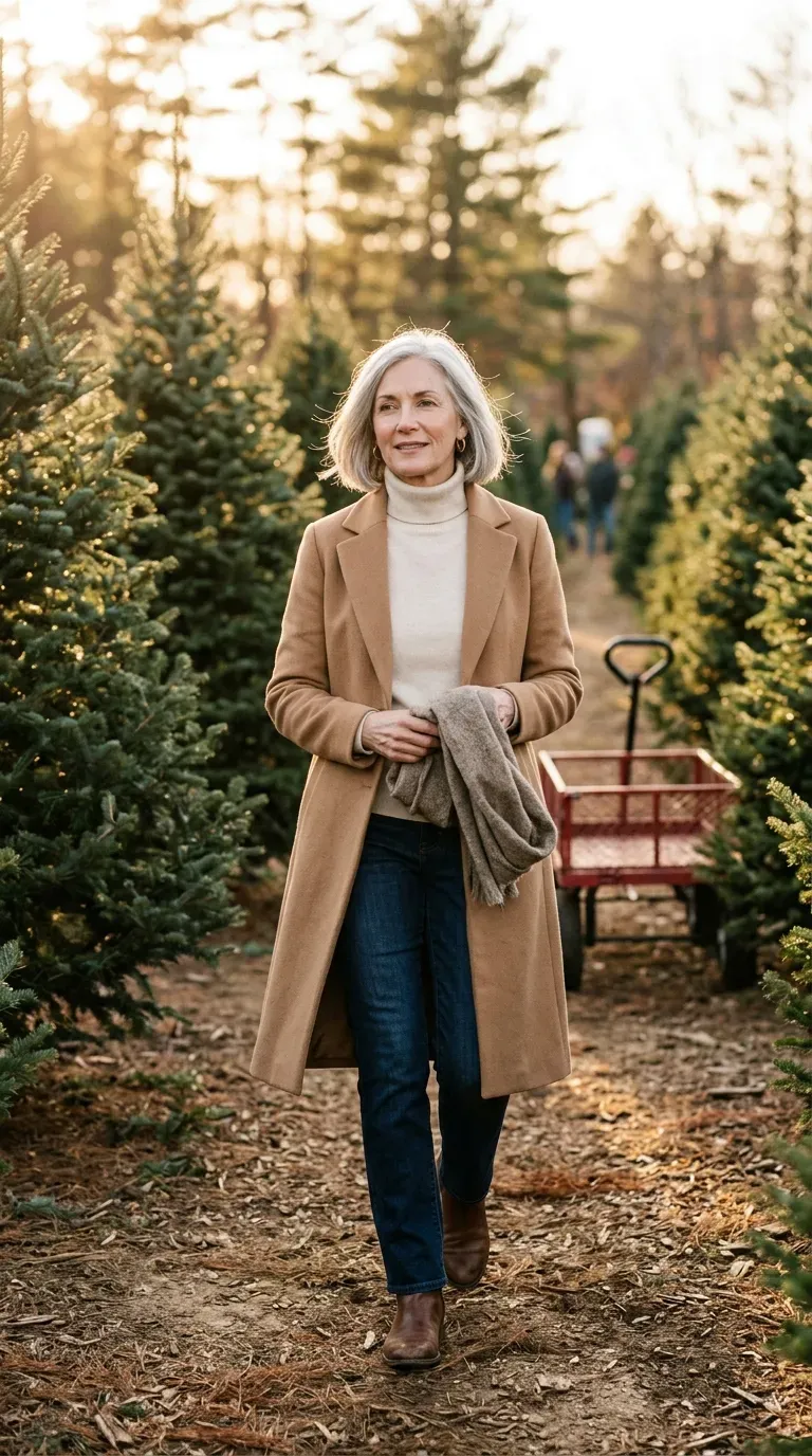 Woman over 50 in camel wool coat, cream turtleneck and dark jeans at a Christmas tree farm