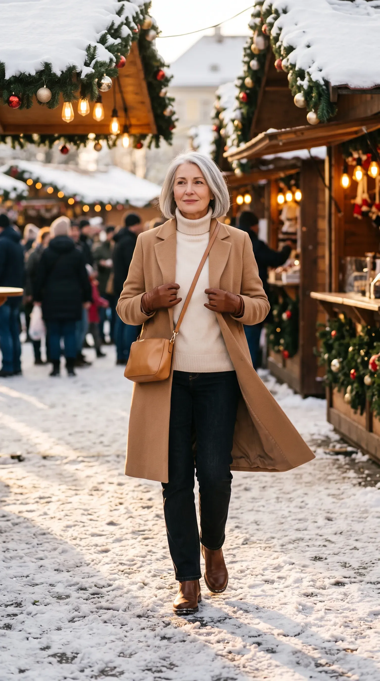 Woman in camel wool coat and cream turtleneck at a snowy Christmas market