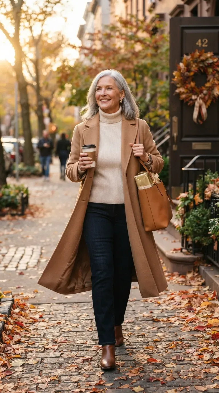 Plus-size woman in a camel wool coat, cream turtleneck and dark jeans on a leafy street