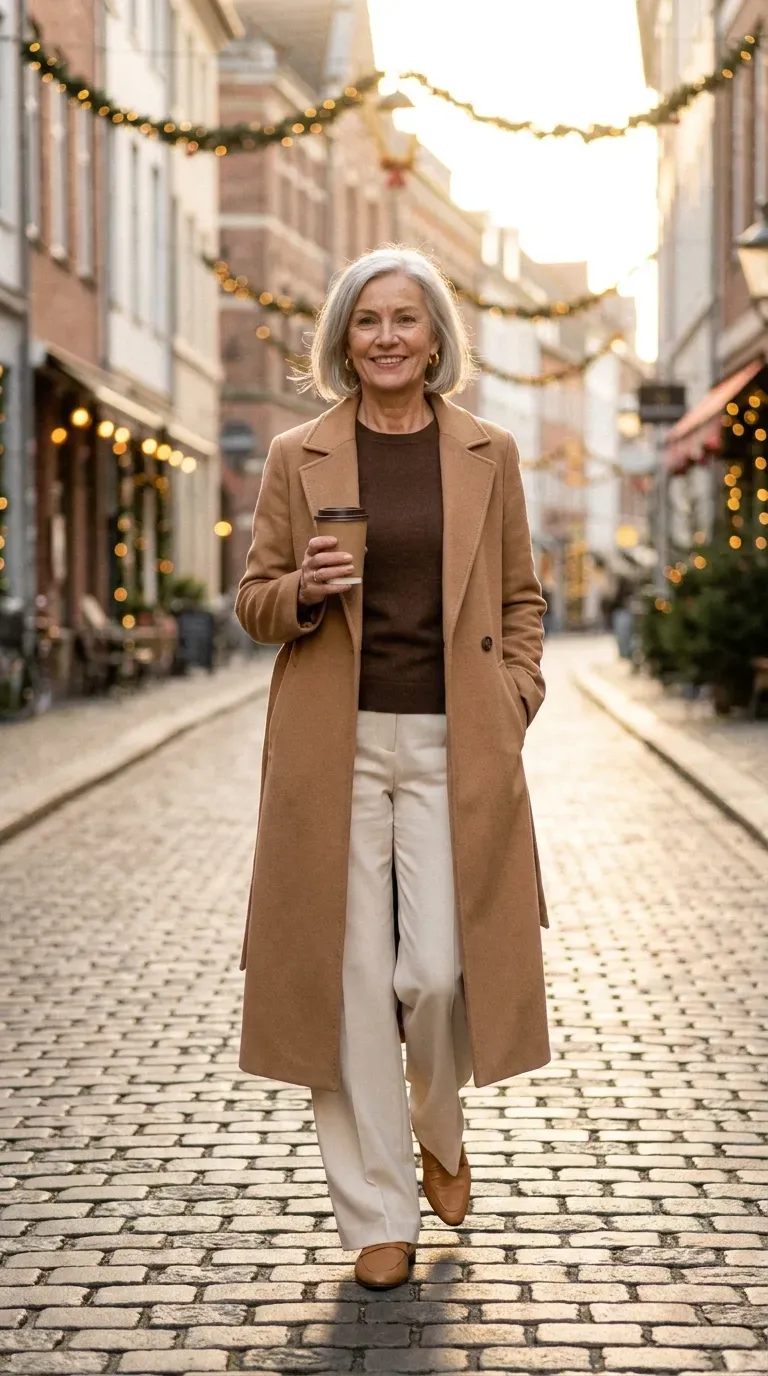 Woman over 50 in camel wool coat and cream wide-leg trousers on a festive street